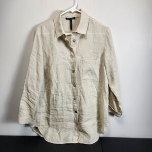 Sarah Pacini Beige Button-Up Linen Shirt 10-12 Made In Italy
